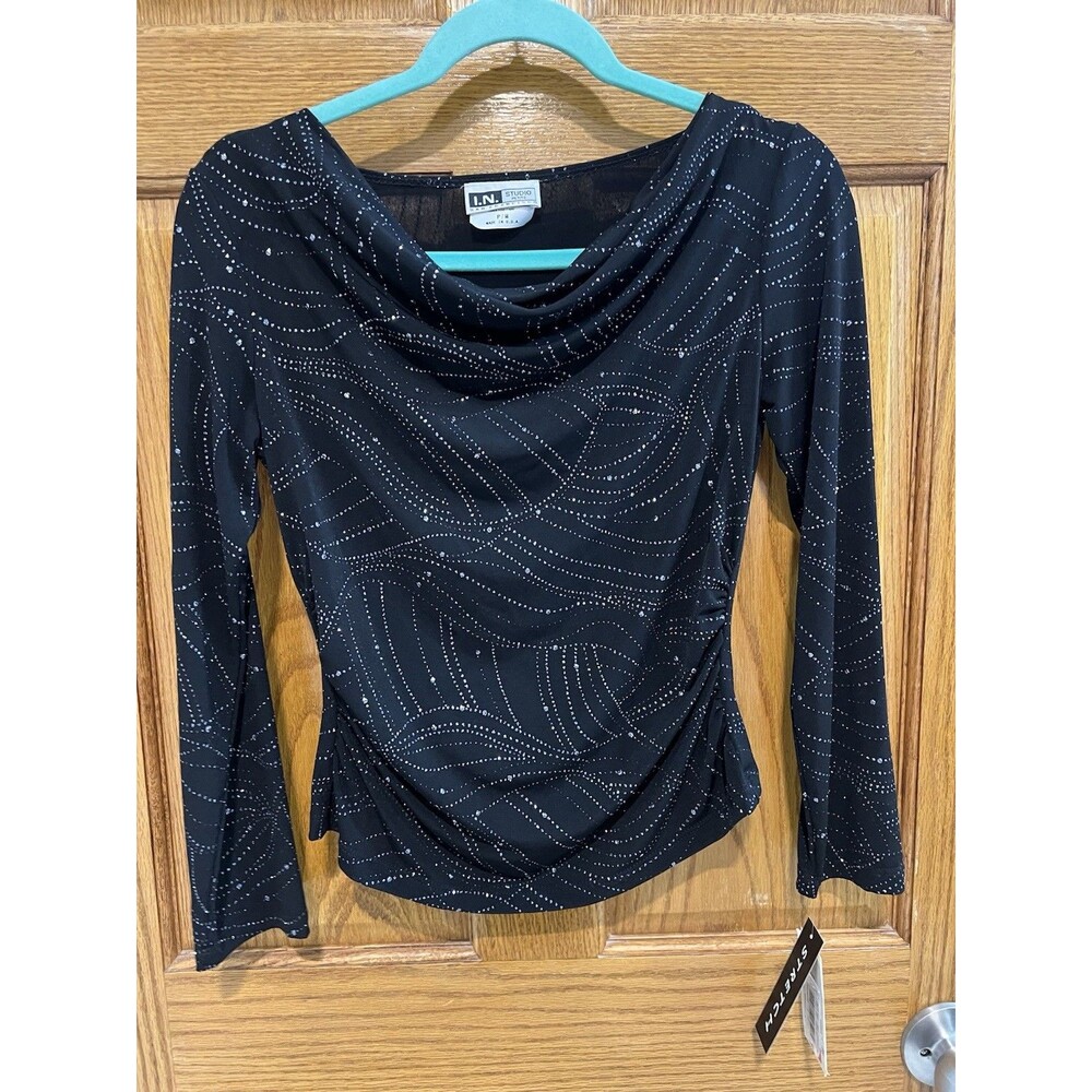 I.N. Studio Petite Black Glitter Y2K Ruched Cowl Neck Top Size PM NWT